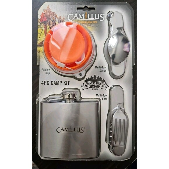 Camillus Camp Kit, Flask, Cup, Spoon, Fork, Stainless Steel, 4-Pieces - Picture 1 of 6
